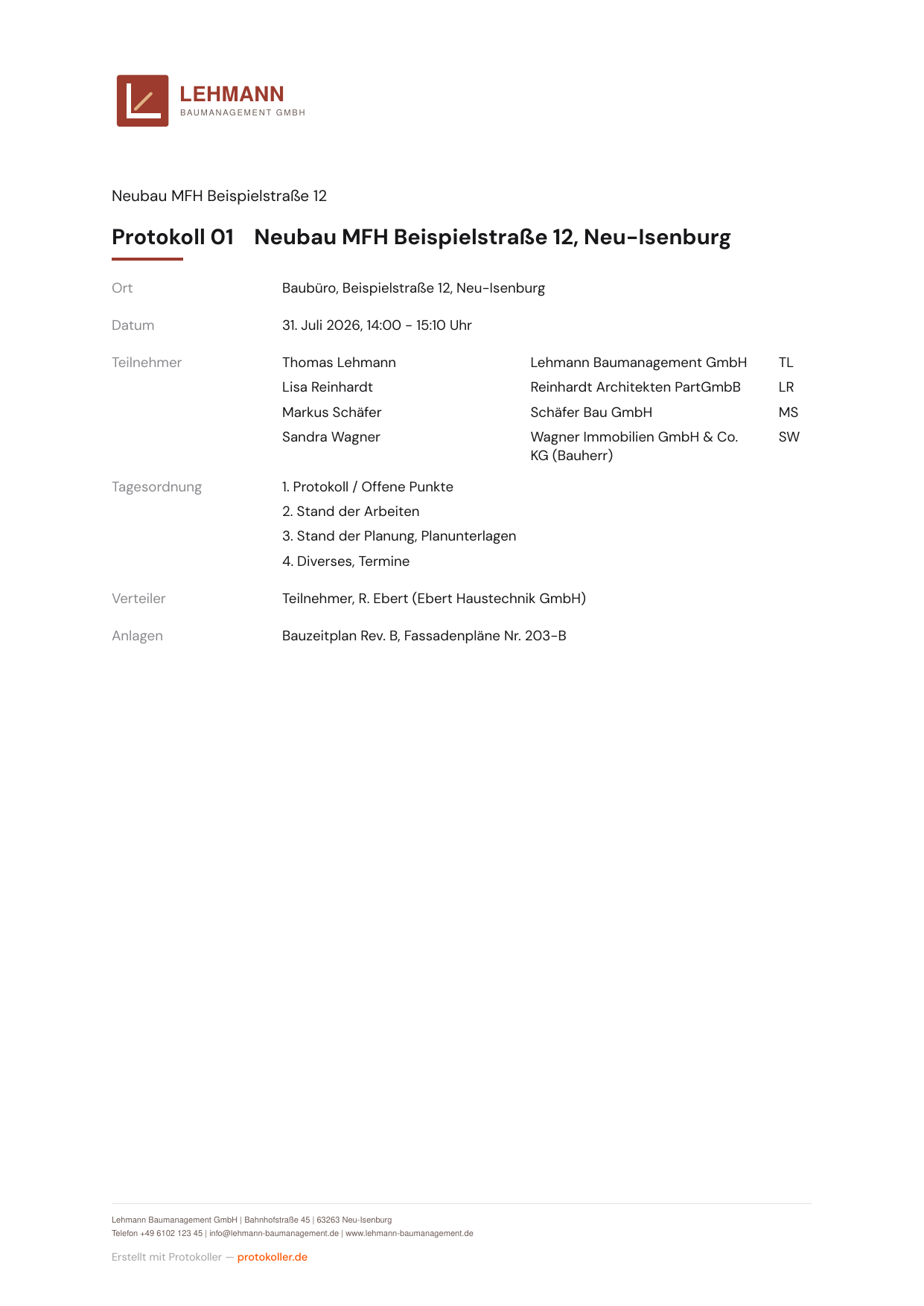 Beispiel eines Baubesprechungs-Protokolls
